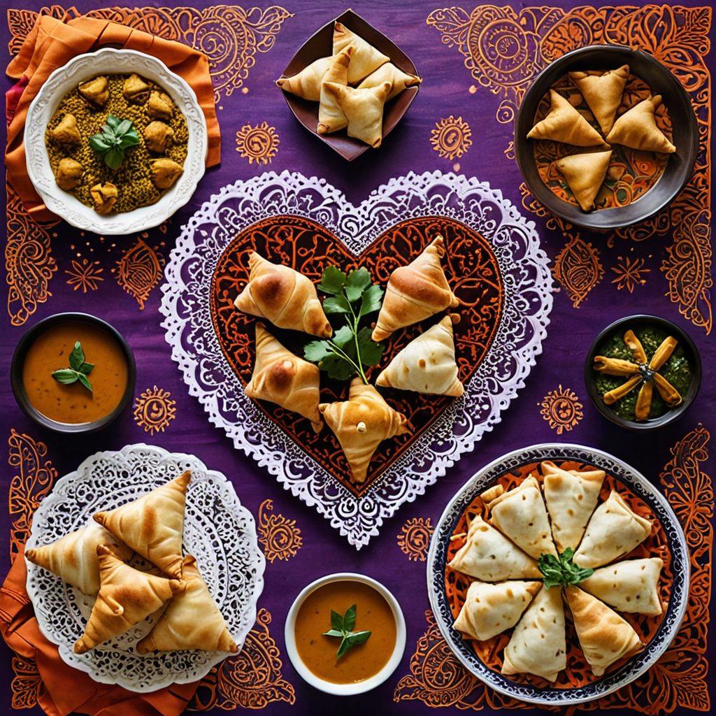 A colorful collage featuring traditional Indian food dishes like biryani and samosas, intertwined with symbols of relationships such as heart shapes and couple silhouettes. The background should include cultural motifs like intricate henna patterns and vibrant fabrics. This scene should evoke a sense of warmth, love, and heritage. super-realistic. vibrant colors. intricate details.