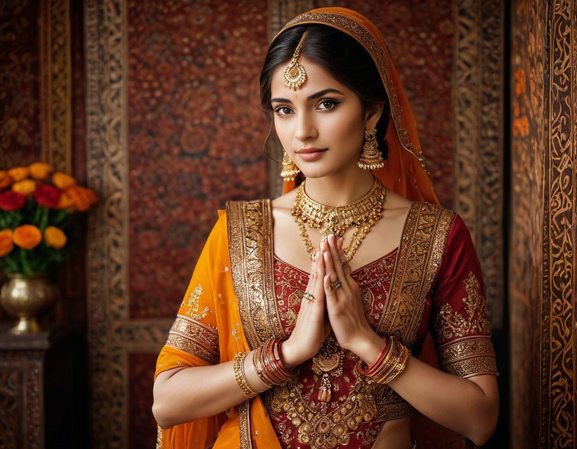 A mesmerizing Indian woman adorned in traditional attire, showcasing intricate henna patterns on her hands. Surround her with vibrant marigold flowers and traditional cultural artifacts to highlight the essence of Indian beauty. In the background, a rich tapestry of colorful fabrics creates an enchanting atmosphere. The lighting should evoke a warm, sultry ambiance. super-realistic. vibrant colors.