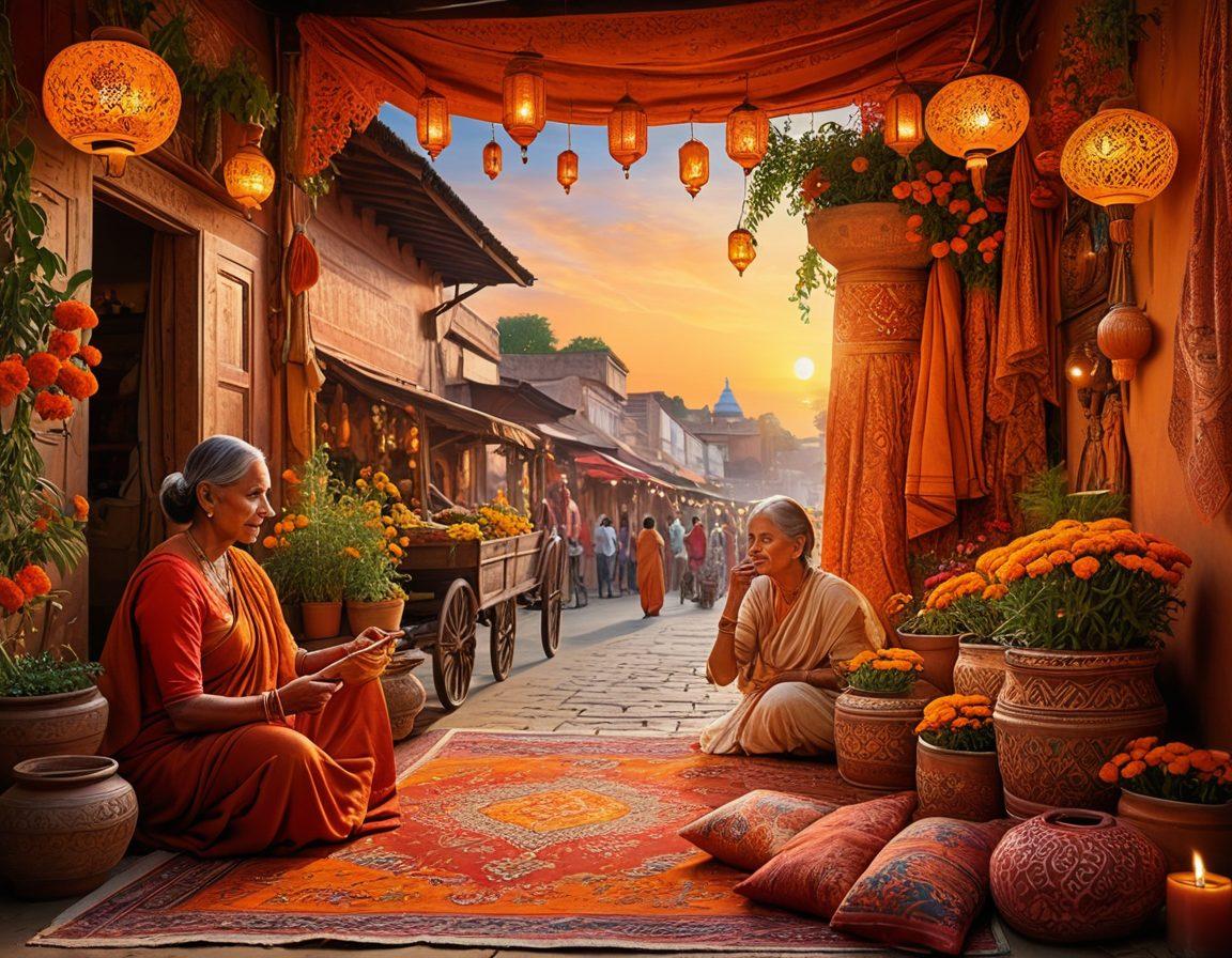A vibrant tapestry showcasing a fusion of traditional Indian elements: a serene sunset over a bustling market filled with colorful textiles and spices, an elderly woman sharing beauty secrets with a younger woman, adorned with intricate henna designs, surrounded by blooming marigolds and lanterns. Super-realistic. Vibrant colors. 3D.